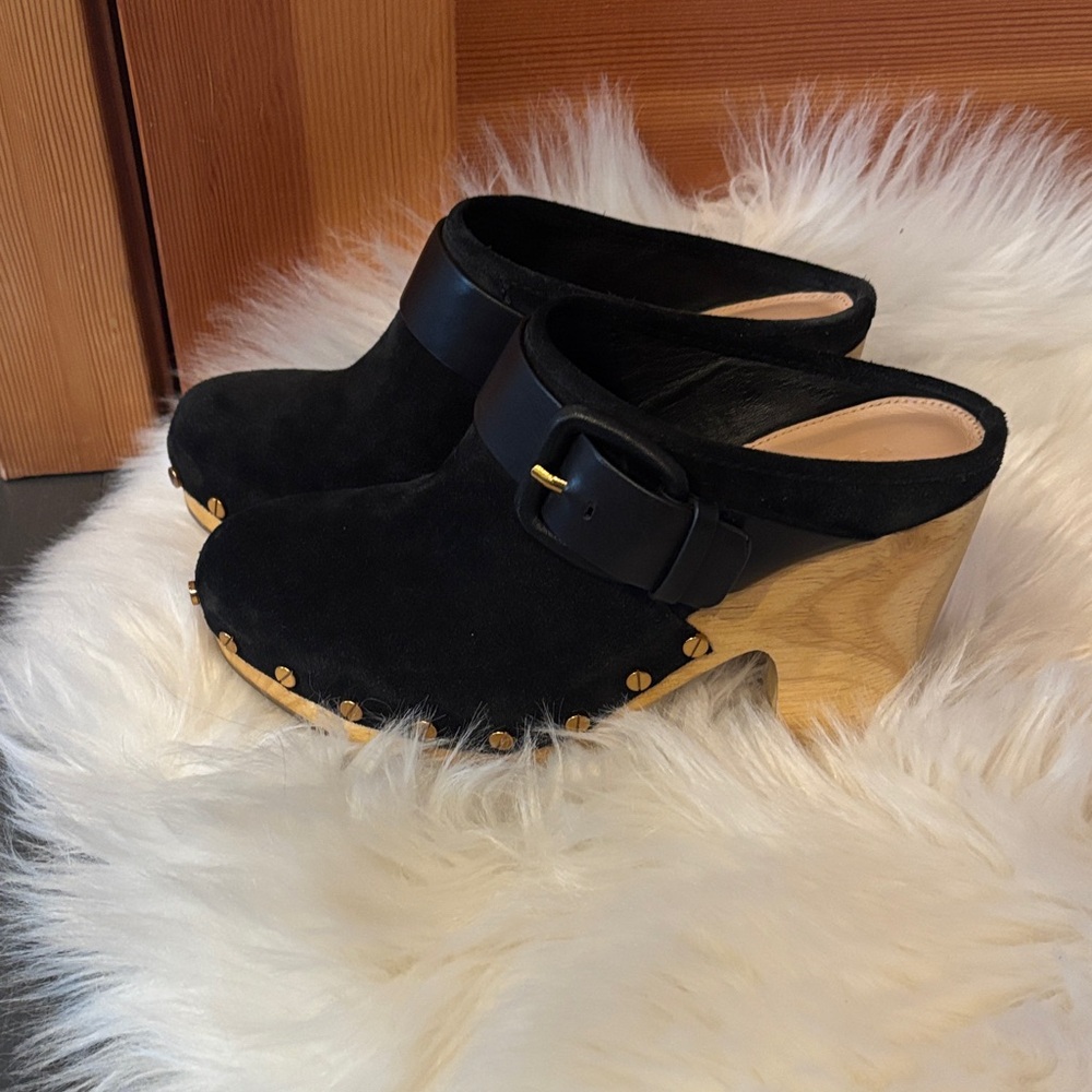 Veronica Beard Black Suede Clogs with Wooden Heel